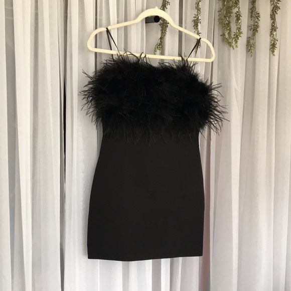 Black Fuzzy Feather Mini Strapless Dress - Picture 1 of 6